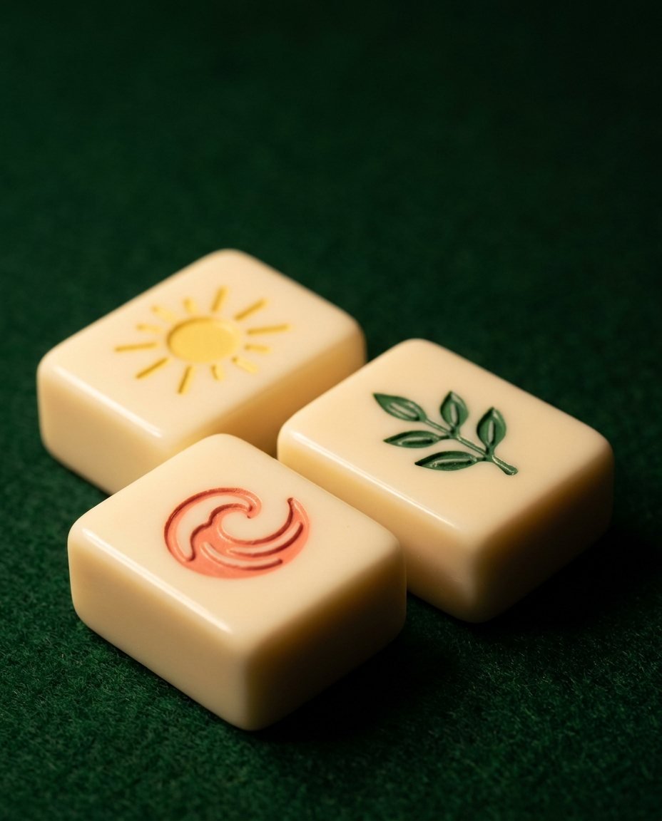 Three ivory mahjong tiles with sun, leaf and wave artwork on green felt