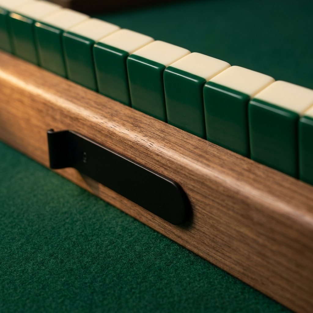 A wooden tile rack holding a row of tiles