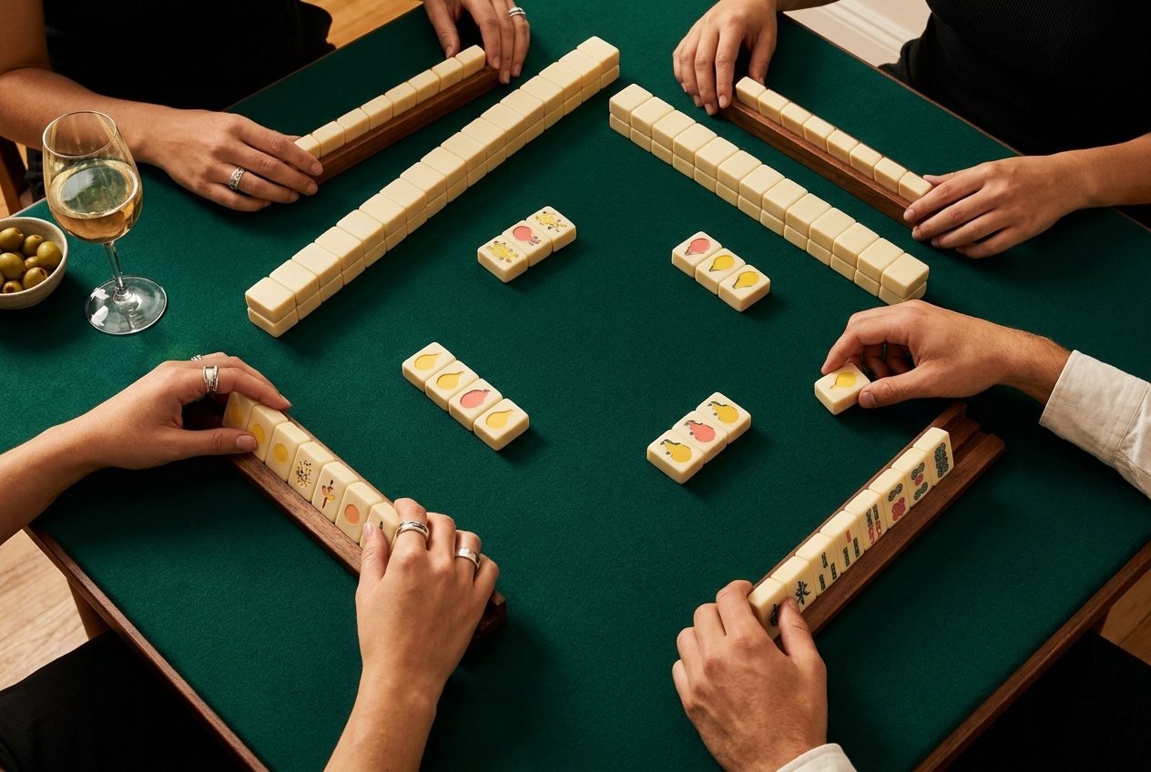 Four players around a green felt table mid-game